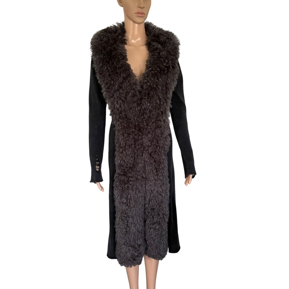 Dolls Kill Darker Waves Distressed Faux Fur Longline Knit Cardigan Duster Gray
